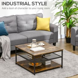 image-HOMCOM Industrial Coffee Table, Cocktail Table Storage Shelves, Rustic Brown