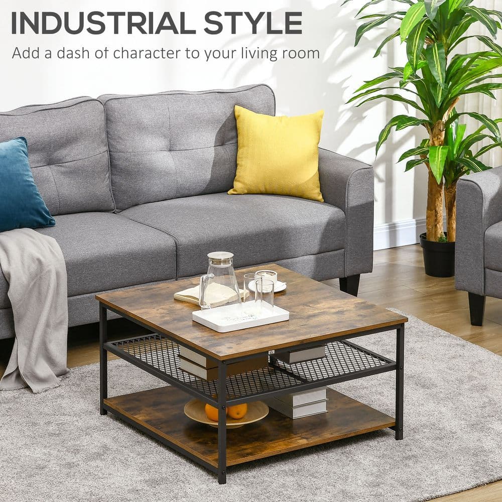 image-HOMCOM Industrial Coffee Table, Cocktail Table Storage Shelves, Rustic Brown