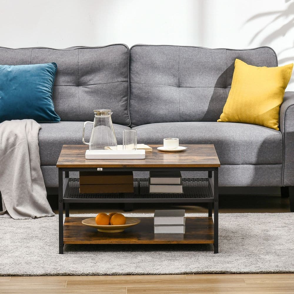 image-HOMCOM Industrial Coffee Table, Cocktail Table Storage Shelves, Rustic Brown