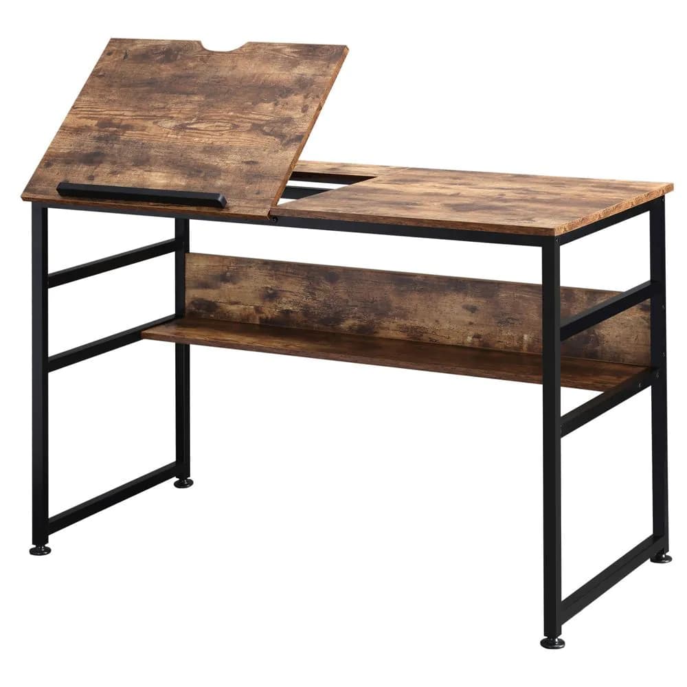 image-Tiltable Drafting Table Home Office Computer Desk Shelf, Rustic Brown