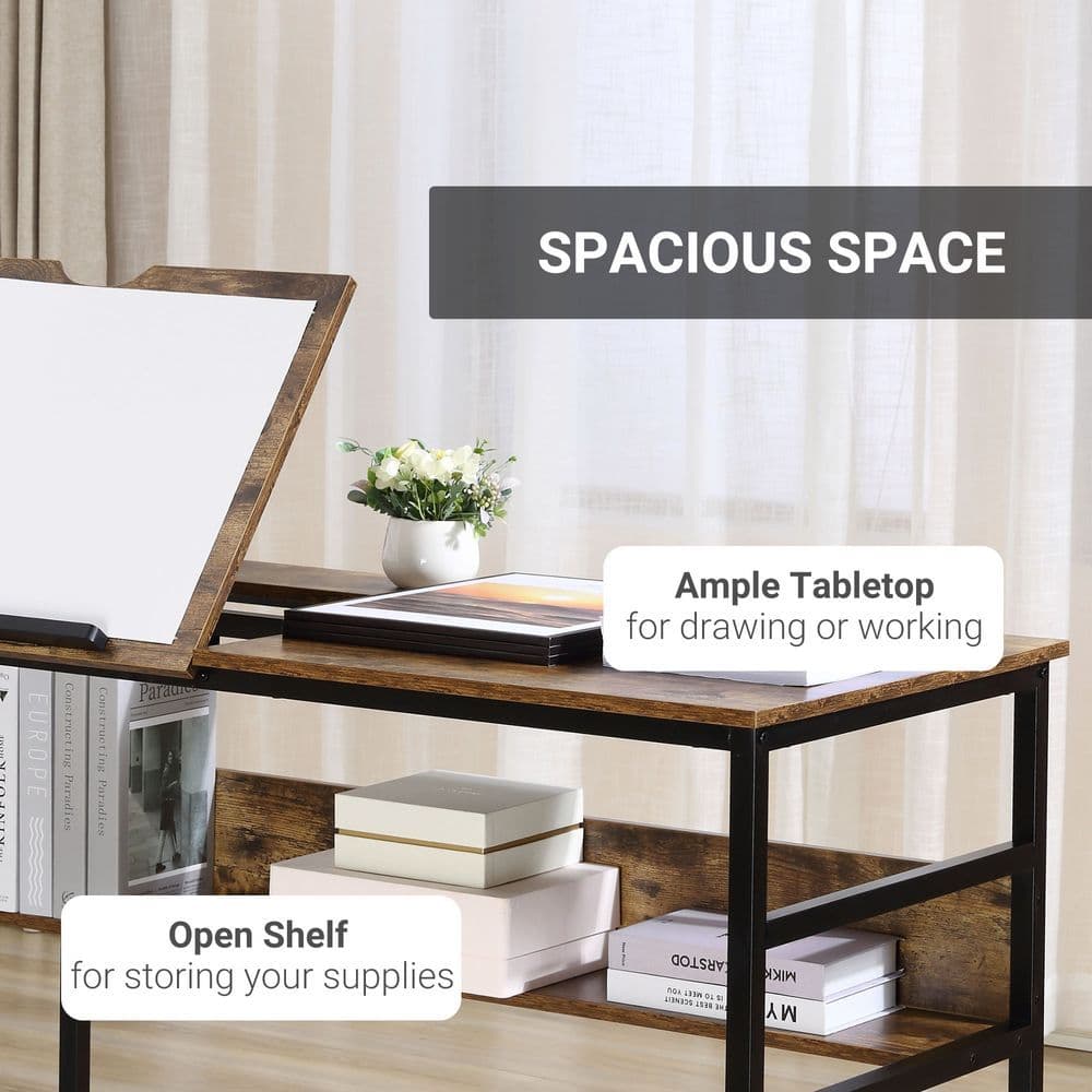 image-Tiltable Drafting Table Home Office Computer Desk Shelf, Rustic Brown