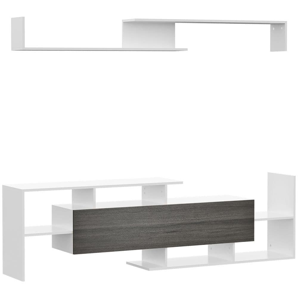 image-HOMCOM TV Cabinet Unit w/ Wall-Mounted Shelf, Open Shelves White and Grey