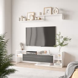 image-HOMCOM TV Cabinet Unit w/ Wall-Mounted Shelf, Open Shelves White and Grey