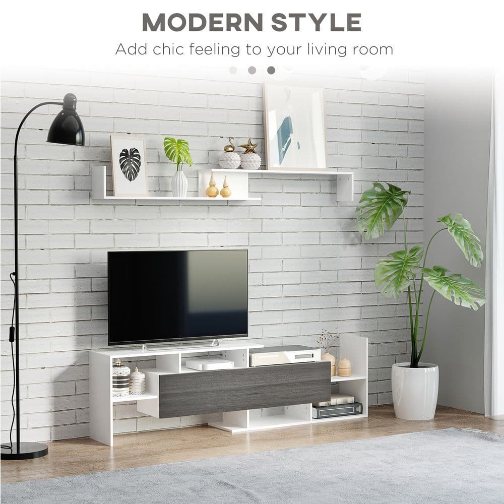 image-HOMCOM TV Cabinet Unit w/ Wall-Mounted Shelf, Open Shelves White and Grey