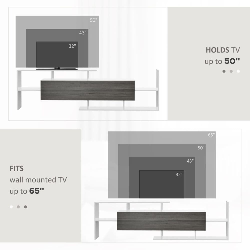 image-HOMCOM TV Cabinet Unit w/ Wall-Mounted Shelf, Open Shelves White and Grey