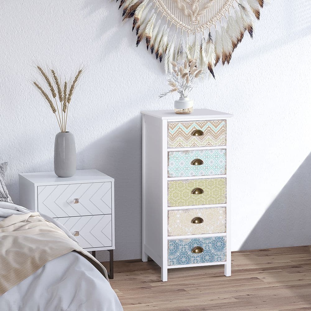 image-Storage Chest Unit Dresser 5 Drawer Retro Style Wood White Entryway