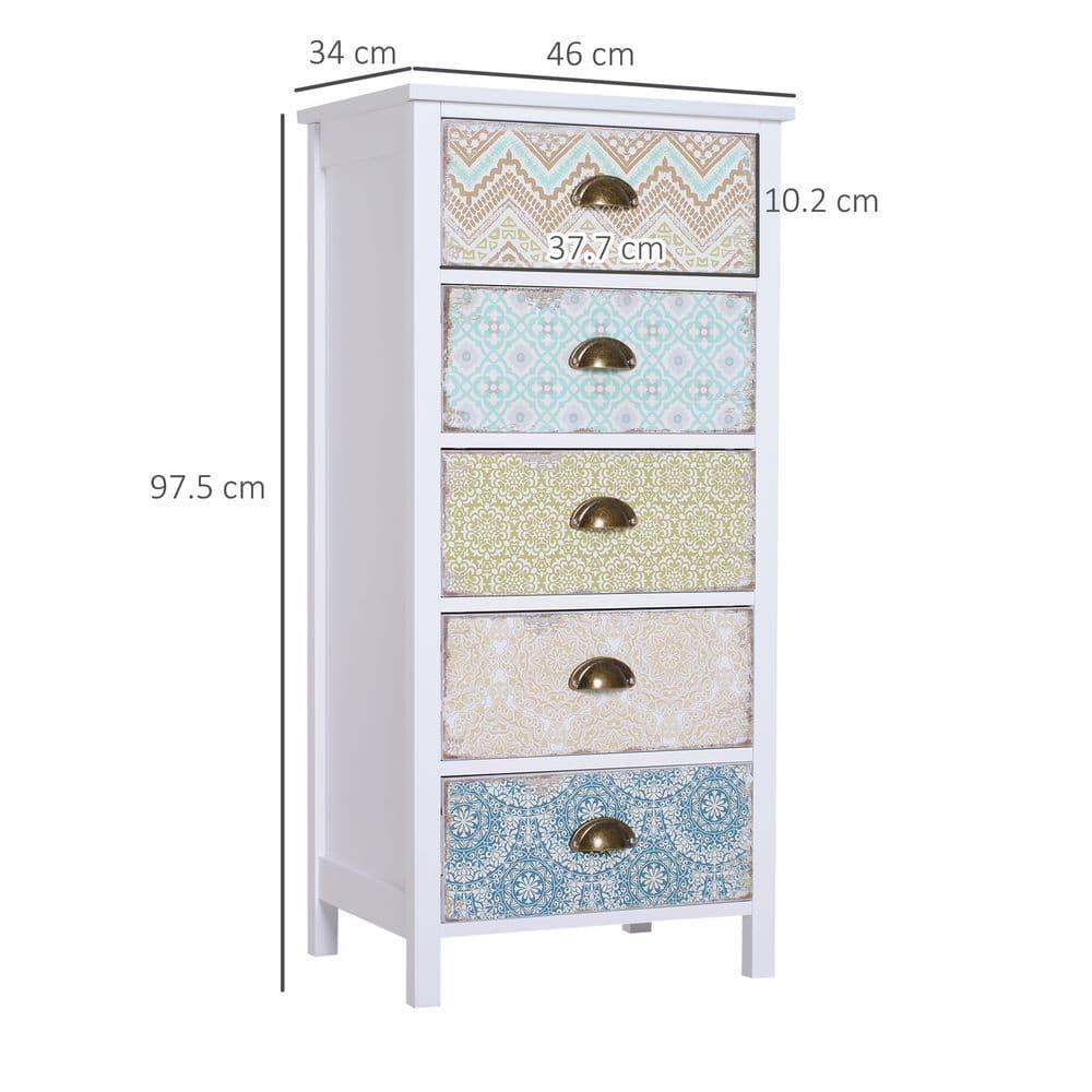 image-Storage Chest Unit Dresser 5 Drawer Retro Style Wood White Entryway
