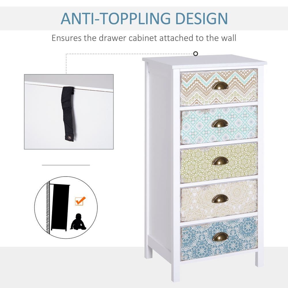image-Storage Chest Unit Dresser 5 Drawer Retro Style Wood White Entryway