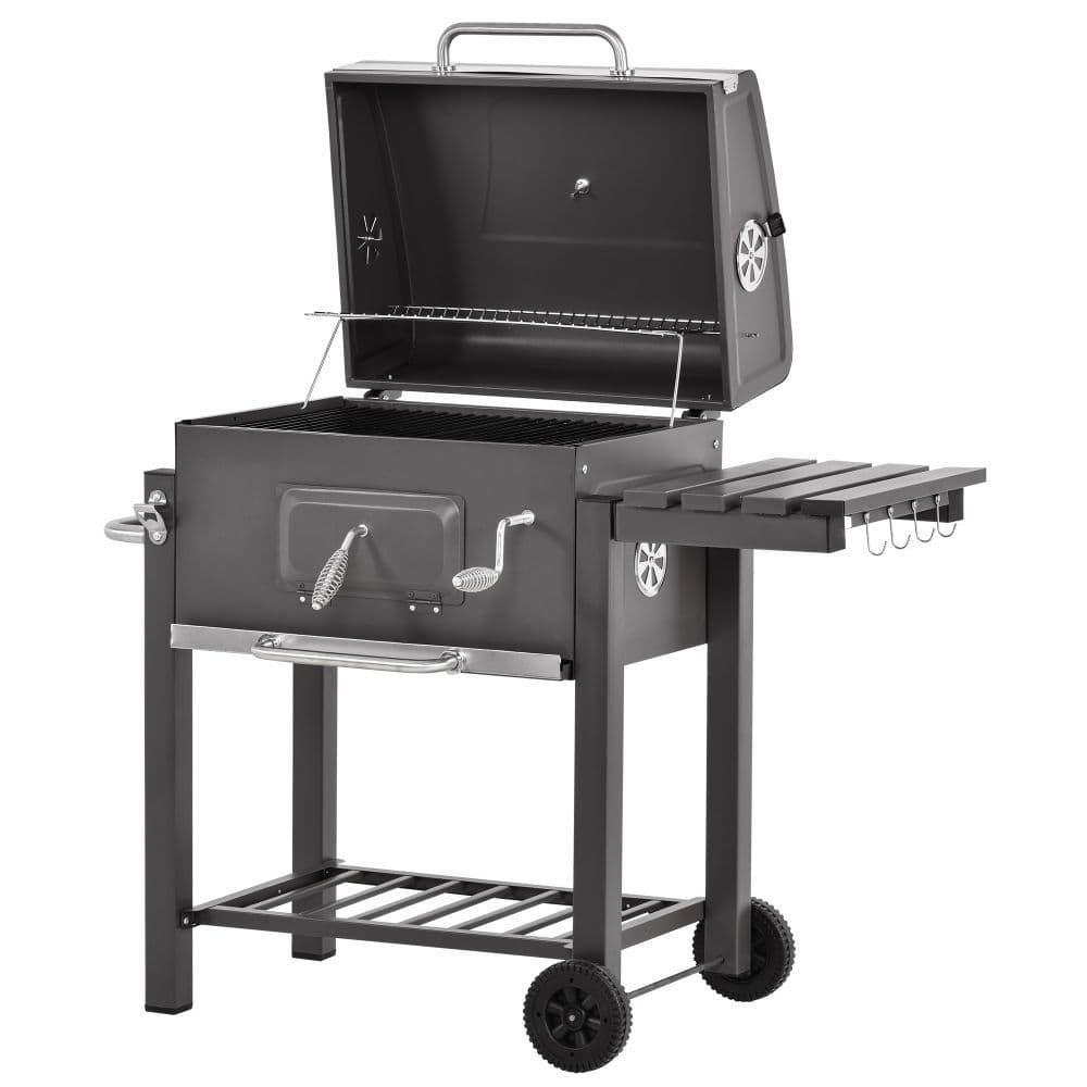 image-Charcoal Grill BBQ Trolley Wheels Shelf Side Thermometer Steel Black