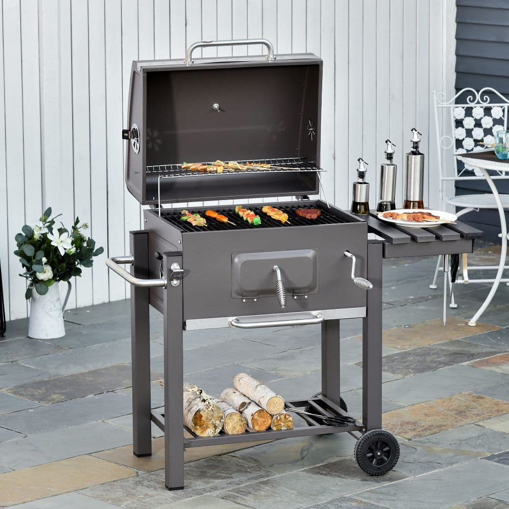 image-Charcoal Grill BBQ Trolley Wheels Shelf Side Thermometer Steel Black