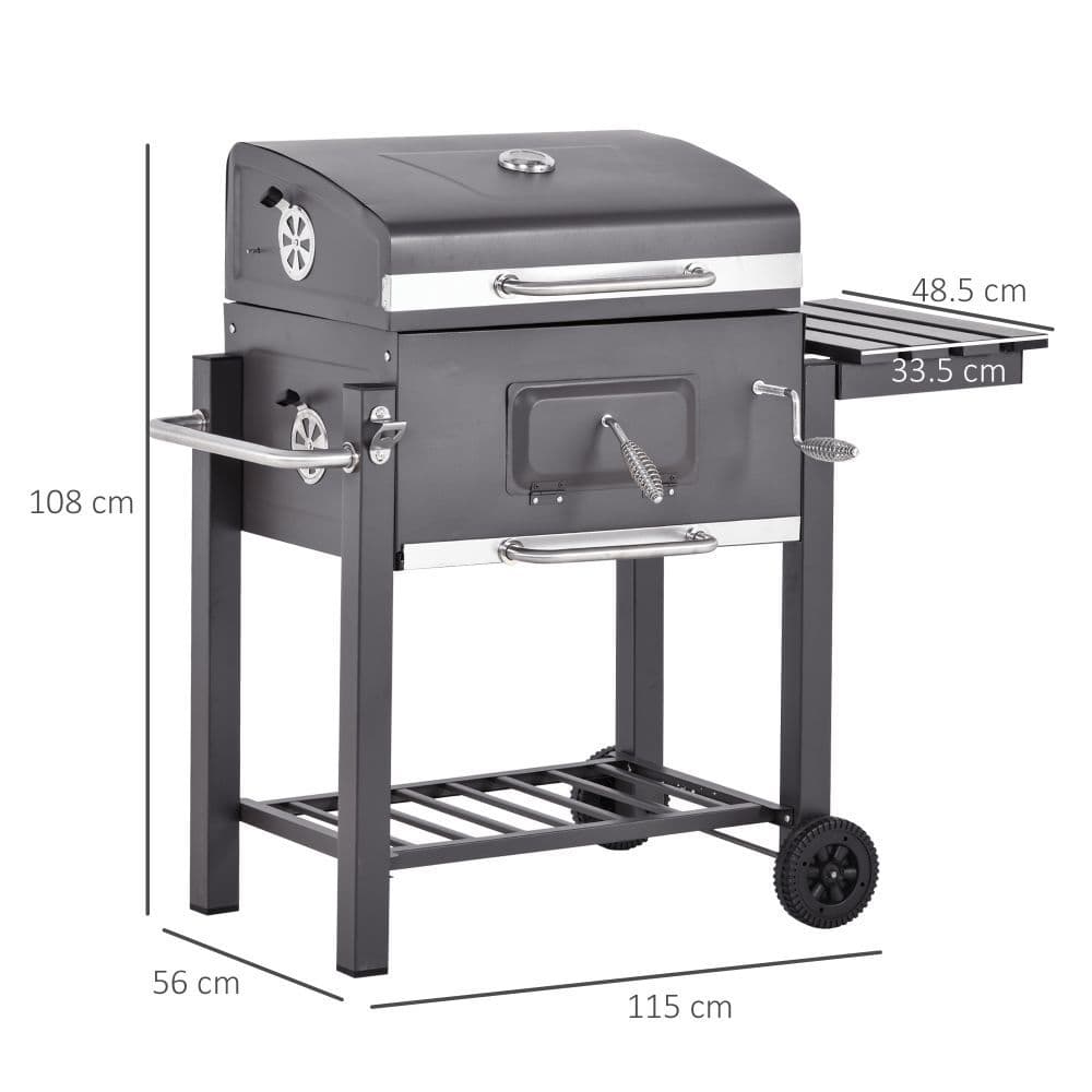 image-Charcoal Grill BBQ Trolley Wheels Shelf Side Thermometer Steel Black