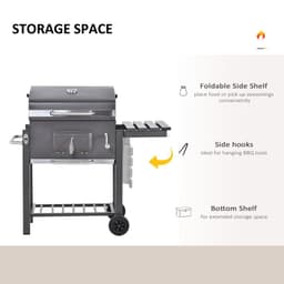 image-Charcoal Grill BBQ Trolley Wheels Shelf Side Thermometer Steel Black
