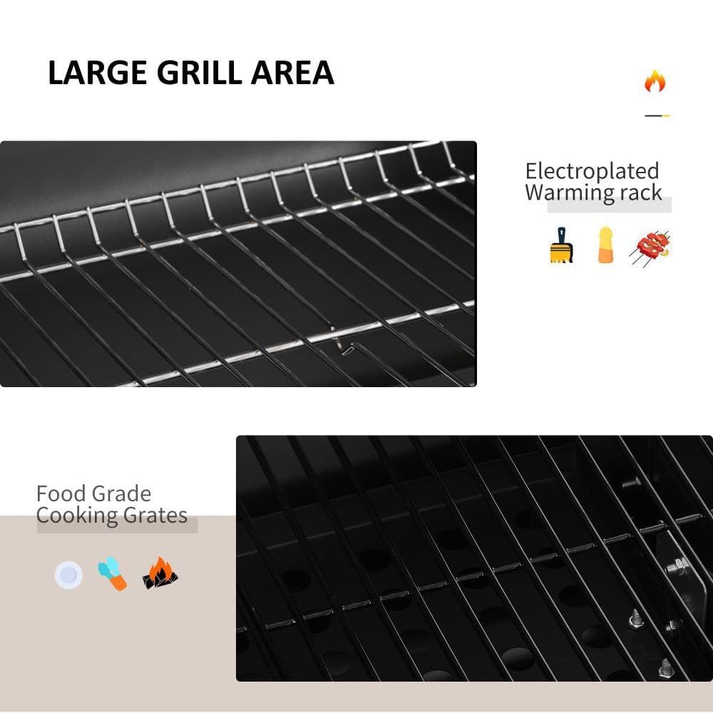 image-Charcoal Grill BBQ Trolley Wheels Shelf Side Thermometer Steel Black