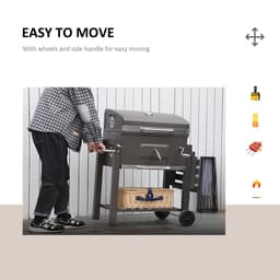 image-Charcoal Grill BBQ Trolley Wheels Shelf Side Thermometer Steel Black