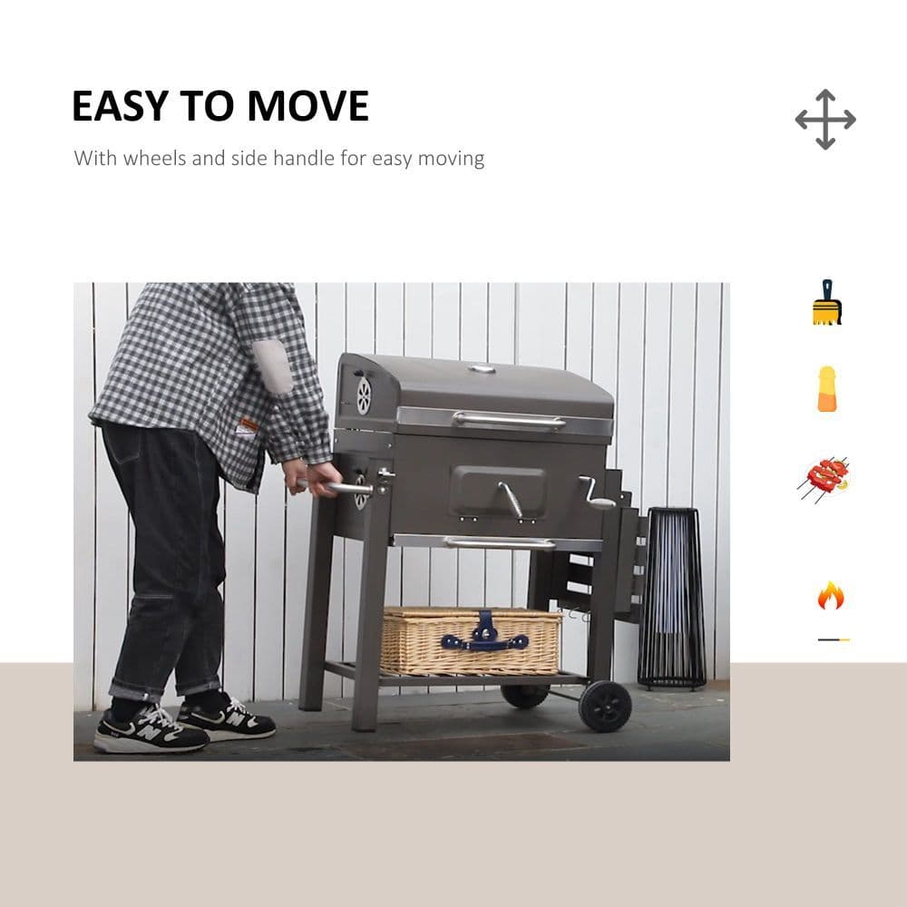 image-Charcoal Grill BBQ Trolley Wheels Shelf Side Thermometer Steel Black