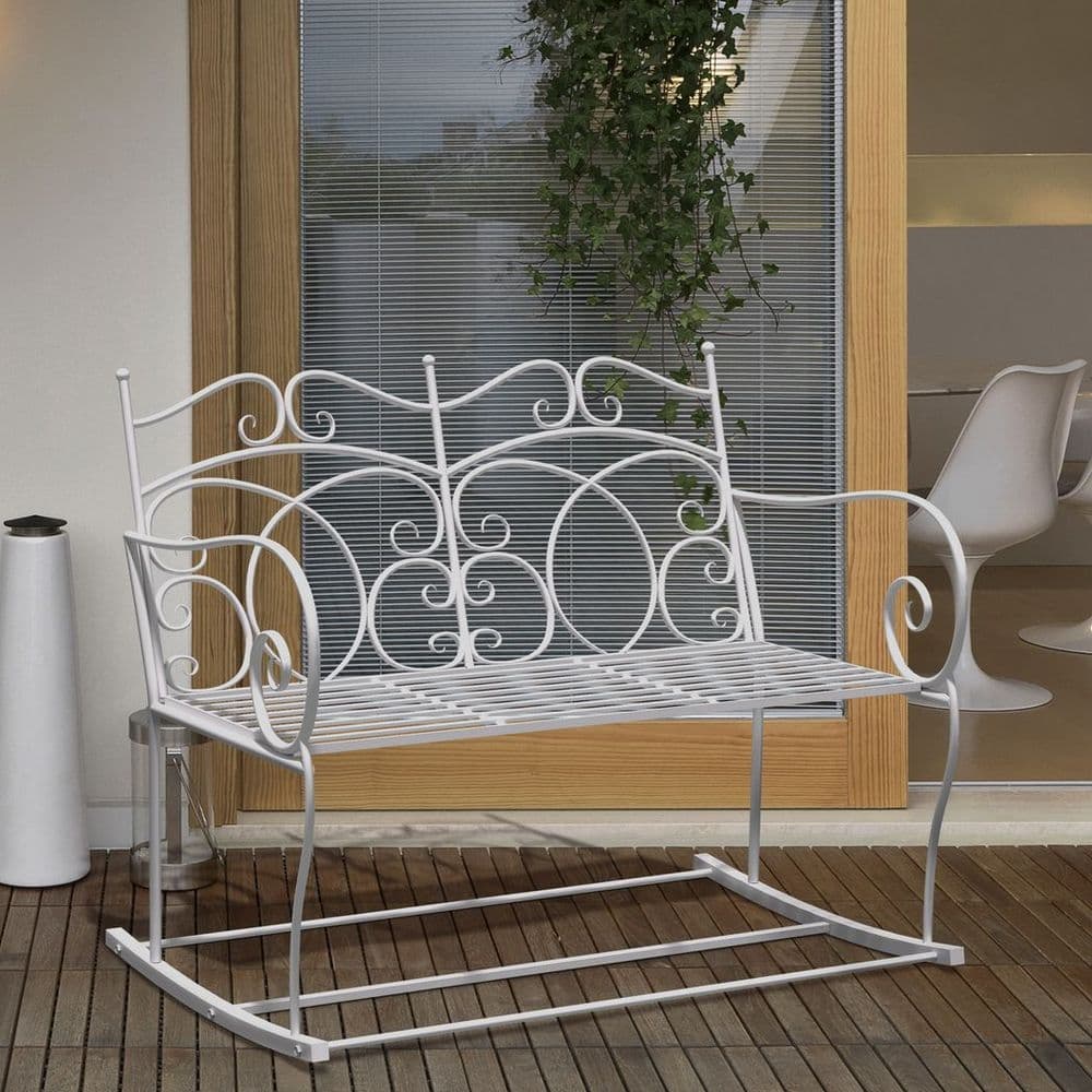 image-2-seat Rocking Chair Patio Bench Armrest Metal Outdoor Park Decorative Antique