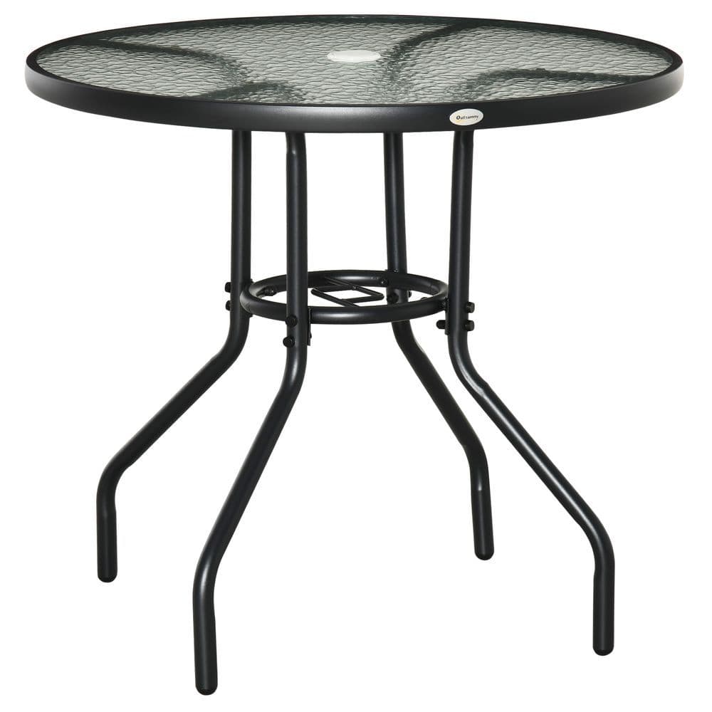 image-Outdoor Round Dining Table Tempered Glass Top Steel w/ Parasol Hole 80cm