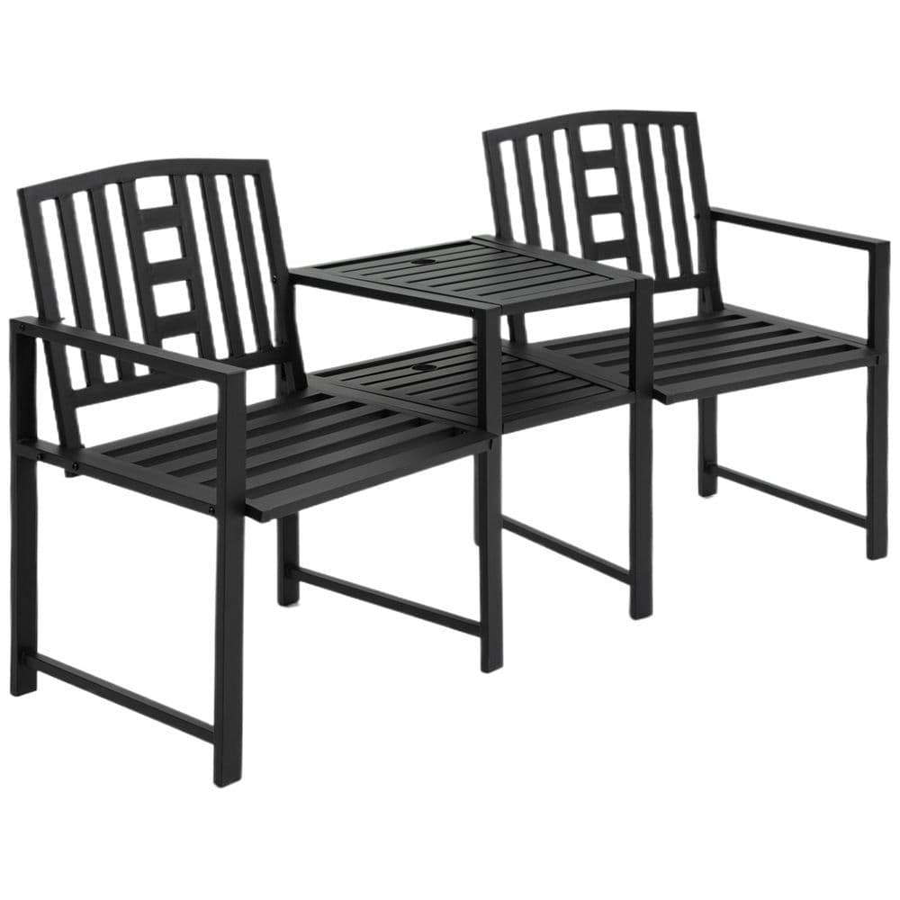 image-2 Seat Garden Chair Bench Loveseats w/Coffee Table Slatted Design Patio Yard