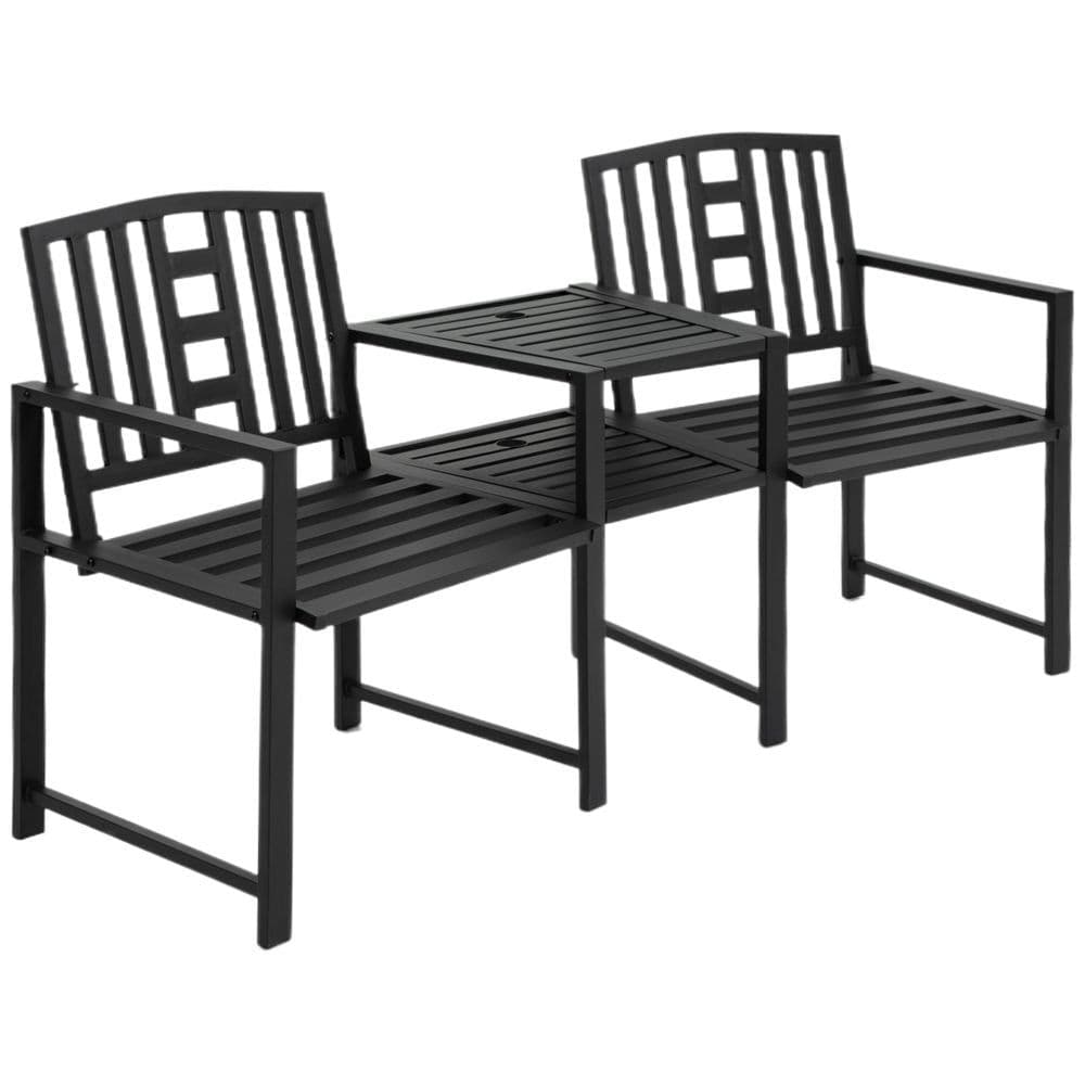 image-2 Seat Garden Chair Bench Loveseats w/Coffee Table Slatted Design Patio Yard