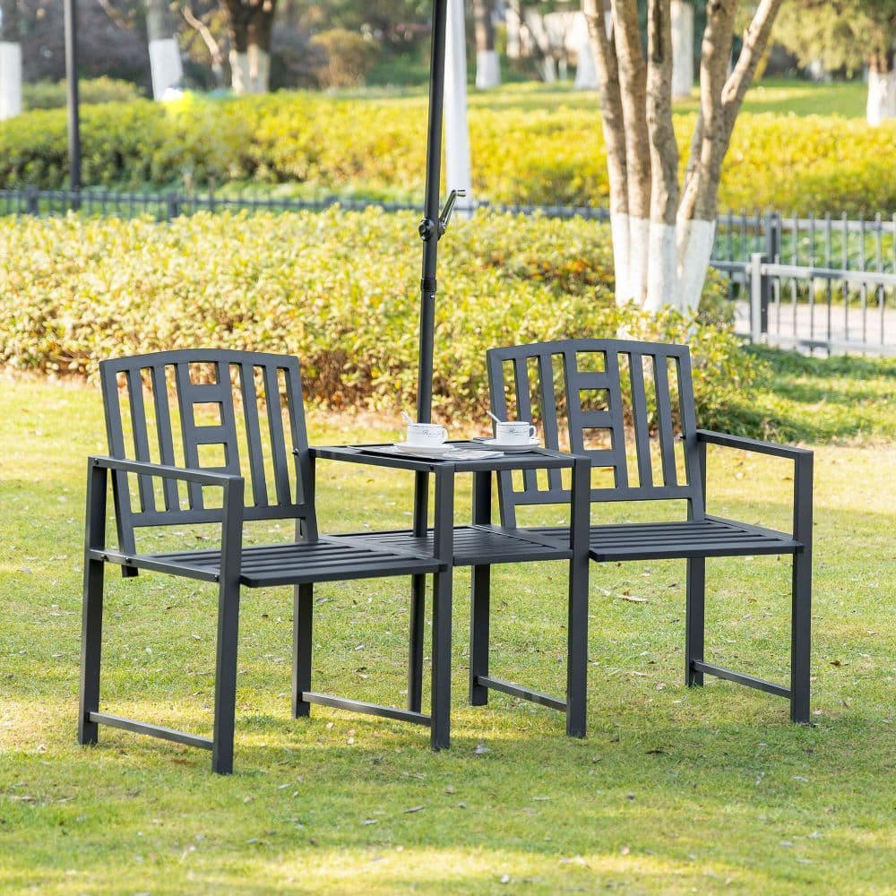 image-2 Seat Garden Chair Bench Loveseats w/Coffee Table Slatted Design Patio Yard