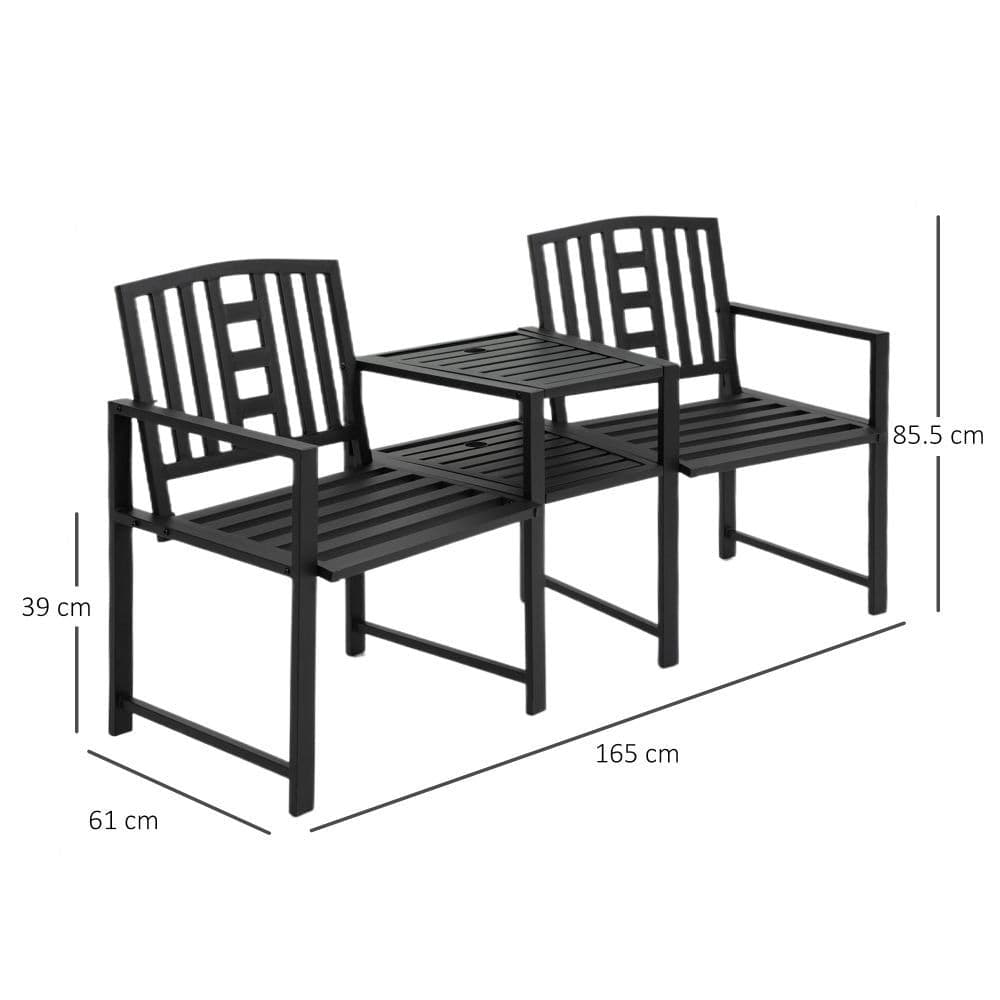 image-2 Seat Garden Chair Bench Loveseats w/Coffee Table Slatted Design Patio Yard