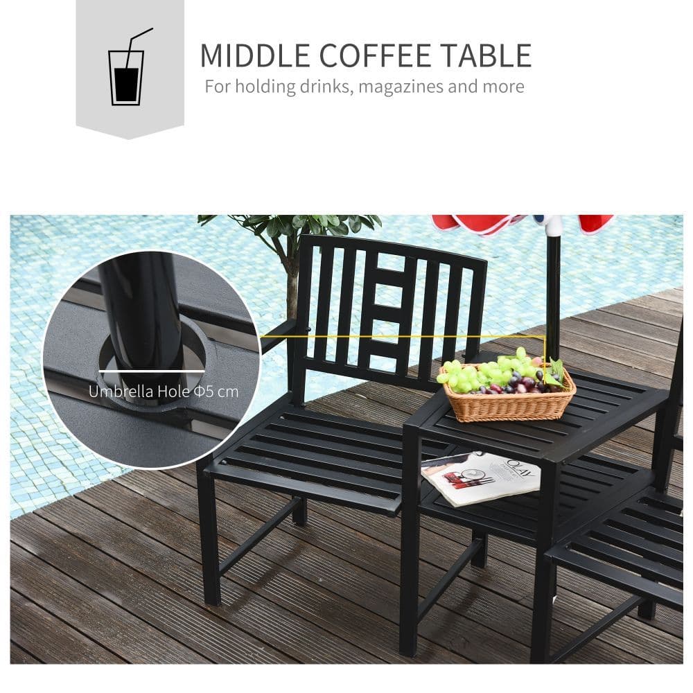 image-2 Seat Garden Chair Bench Loveseats w/Coffee Table Slatted Design Patio Yard