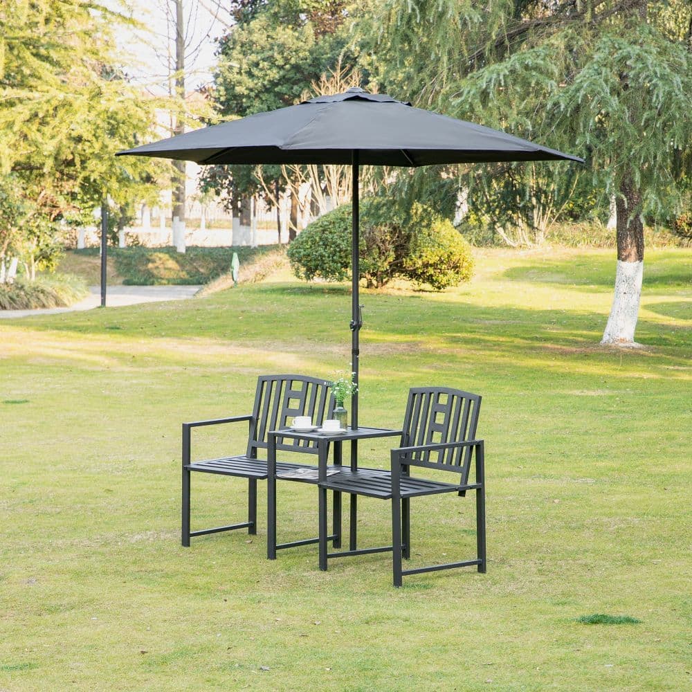 image-2 Seat Garden Chair Bench Loveseats w/Coffee Table Slatted Design Patio Yard