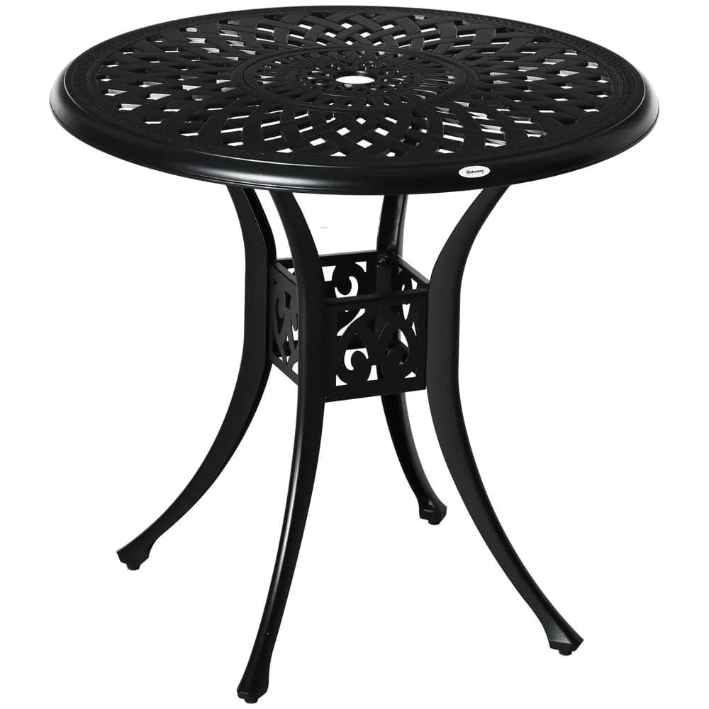 image-78cm Round Garden Dining Table with Parasol Hole Cast Aluminium Black Outsunny