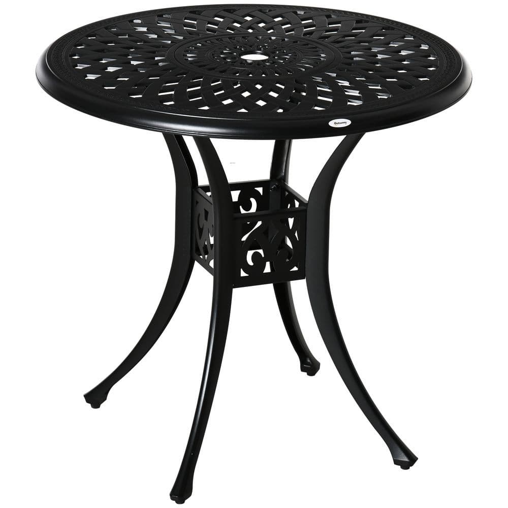 image-78cm Round Garden Dining Table with Parasol Hole Cast Aluminium Black Outsunny