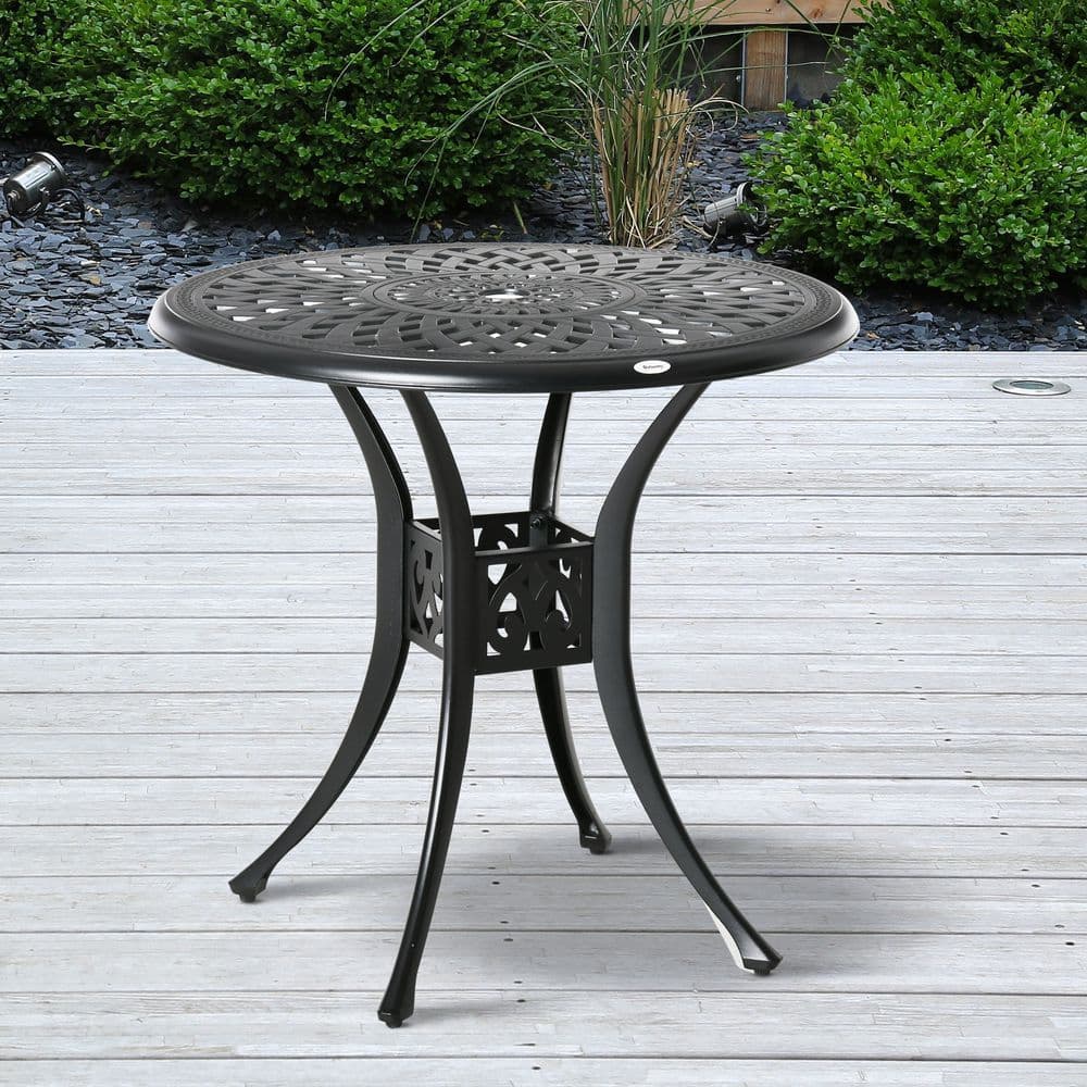 image-78cm Round Garden Dining Table with Parasol Hole Cast Aluminium Black Outsunny