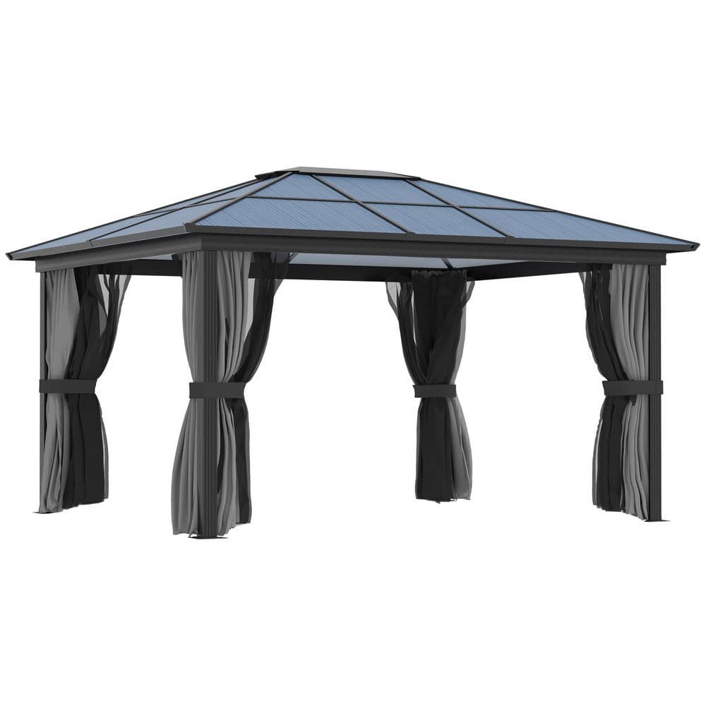 image-4x3.6m Aluminium Hardtop Gazebo Canopy w/ Polycarbonate Top, Curtains Outsunny