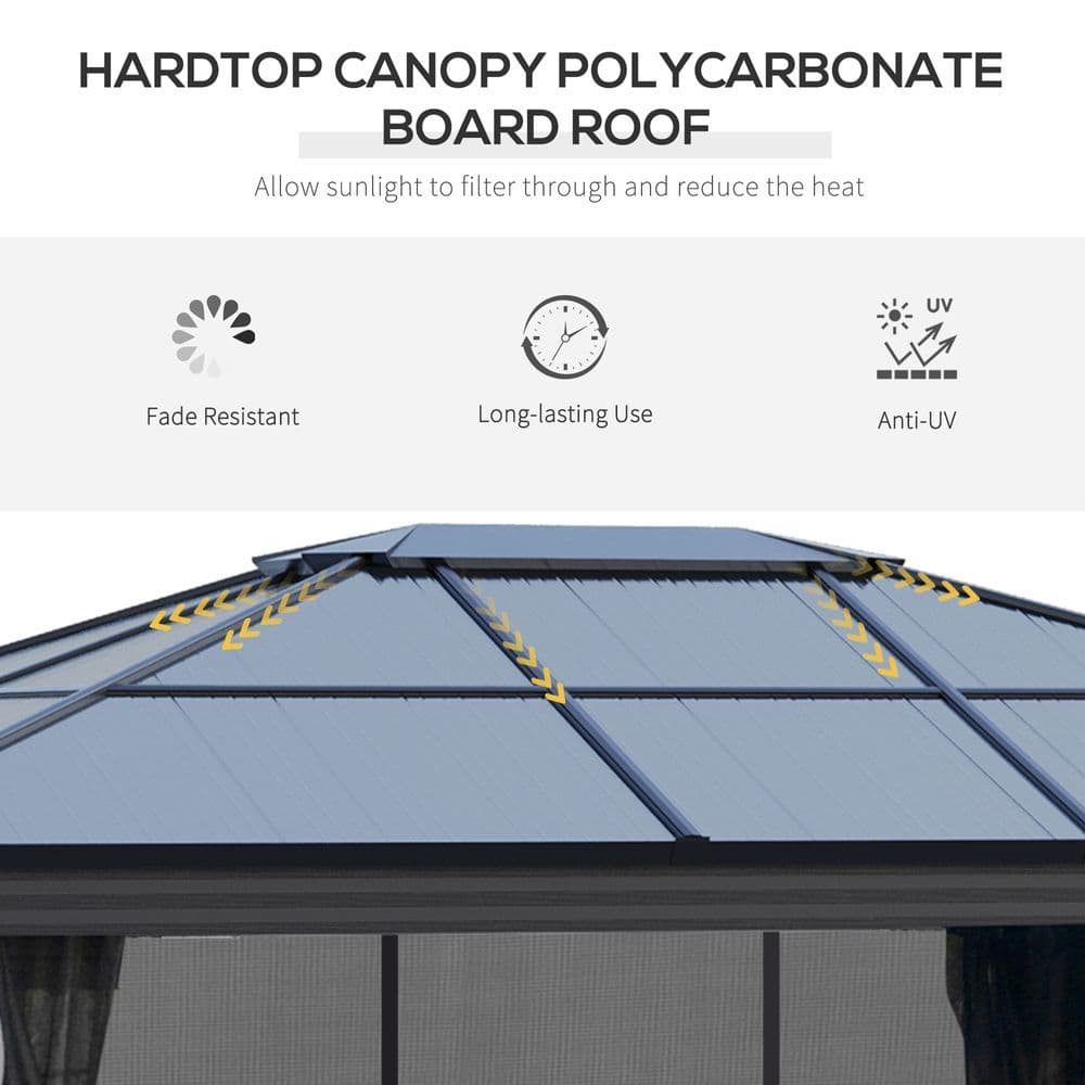 image-4x3.6m Aluminium Hardtop Gazebo Canopy w/ Polycarbonate Top, Curtains Outsunny