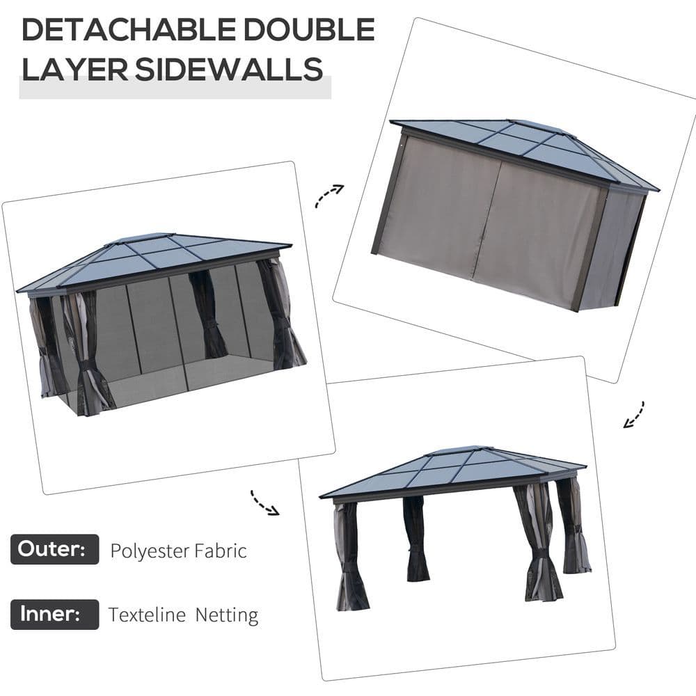 image-4x3.6m Aluminium Hardtop Gazebo Canopy w/ Polycarbonate Top, Curtains Outsunny