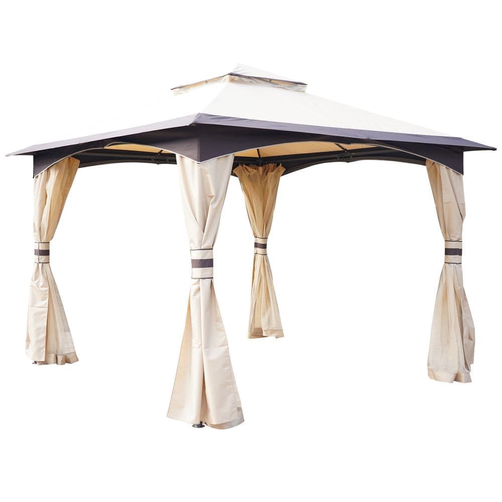 image-10' x 10' Outdoor Patio 2-Tier Roof Gazebo Canopy Steel Frame w/ Mesh Sidewalls