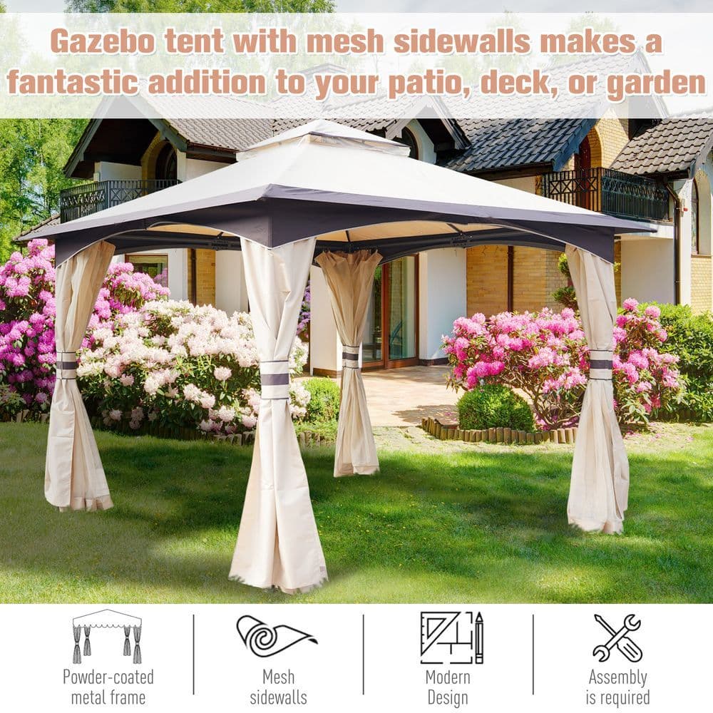 image-10' x 10' Outdoor Patio 2-Tier Roof Gazebo Canopy Steel Frame w/ Mesh Sidewalls