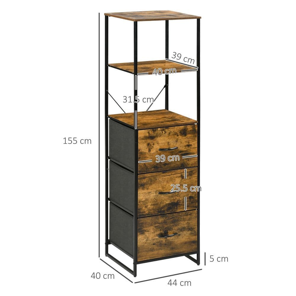 image-HOMCOM Industrial Storage Cabinet with 2 Shelves 3 Fabric Drawers Rustic Brown