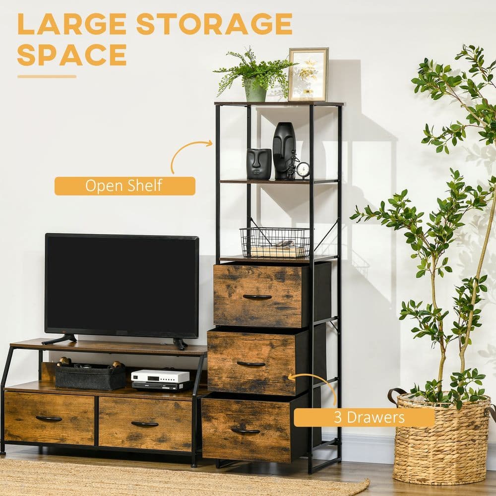 image-HOMCOM Industrial Storage Cabinet with 2 Shelves 3 Fabric Drawers Rustic Brown