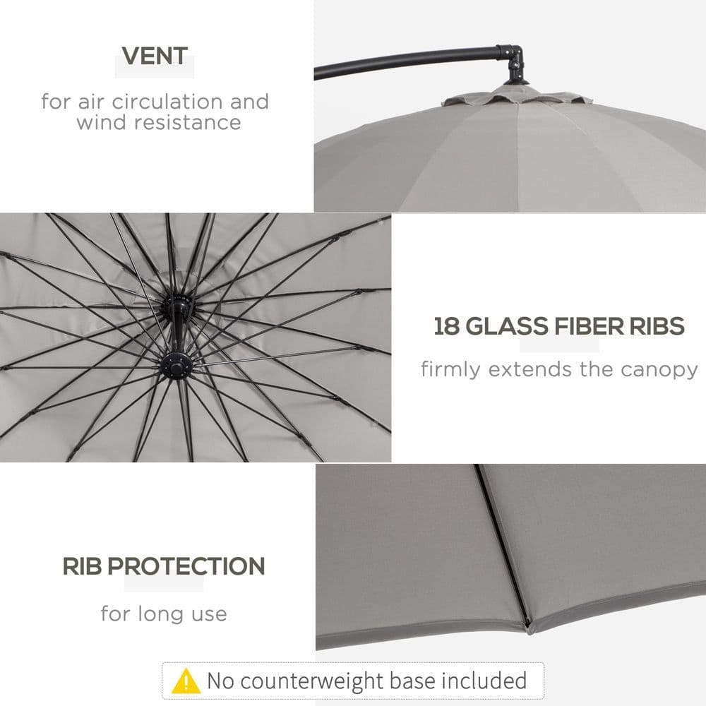 image-3(m) Cantilever Shanghai Parasol w/ Crank Handle, Cross Base, Grey Outsunny