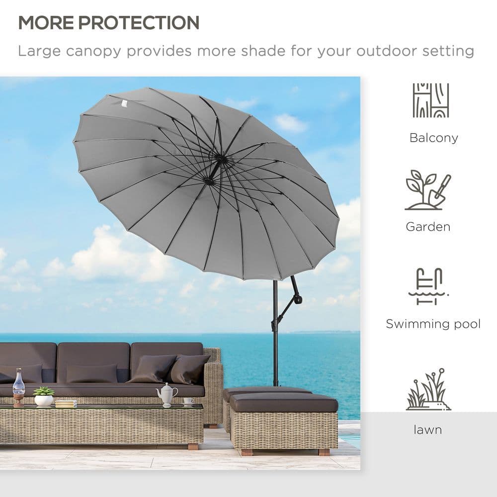 image-3(m) Cantilever Shanghai Parasol w/ Crank Handle, Cross Base, Grey Outsunny