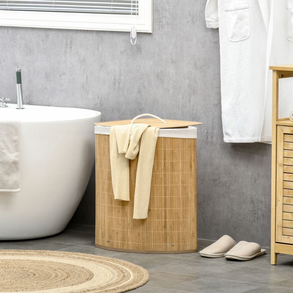 image-55L Bamboo Corner Laundry Hamper Bamboo Laundry Basket 38x38x57cm HOMCOM