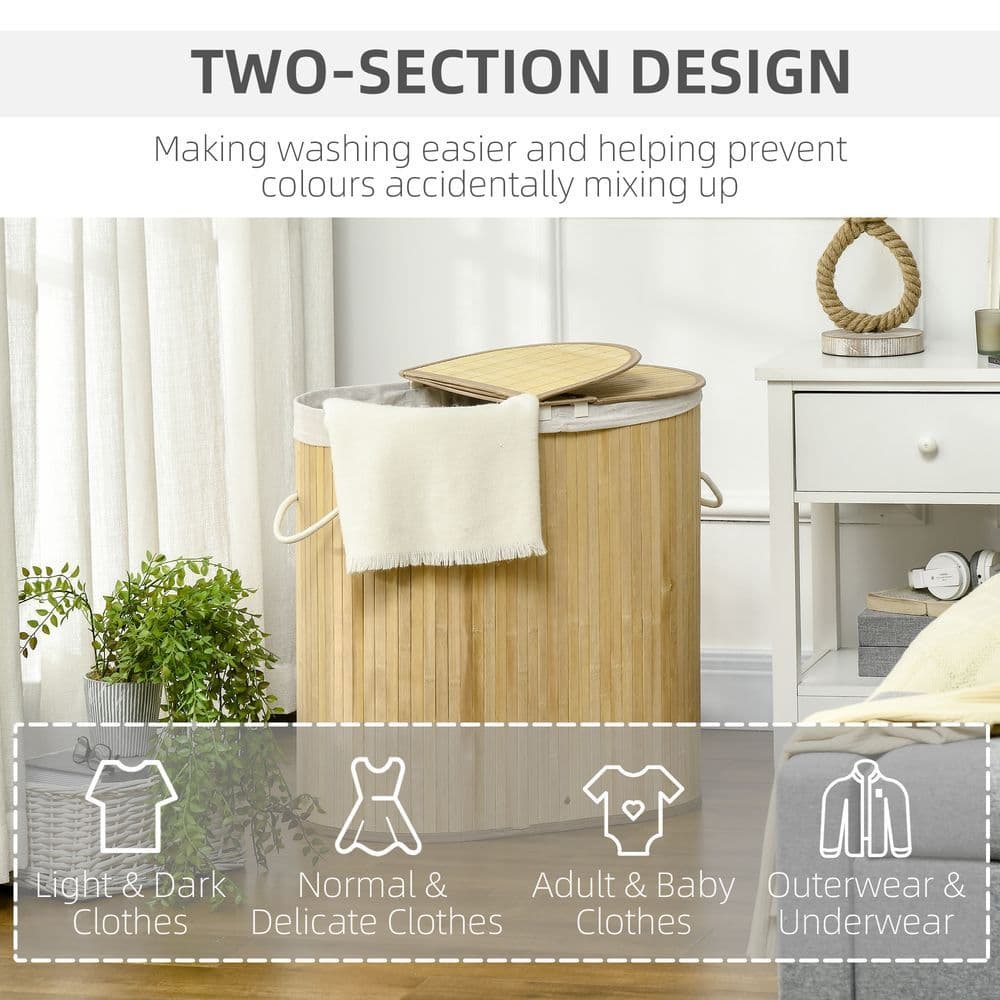 image-100L Bamboo Laundry Basket w/ 2 Compartments Washing Baskets Natural HOMCOM