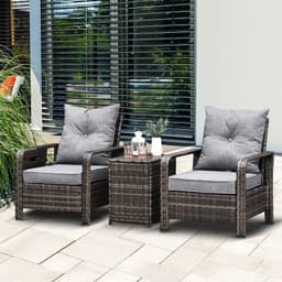image-3 Piece PE Rattan Garden Sofa Set w/ 2 Chairs & Storage Table Grey Outsunny