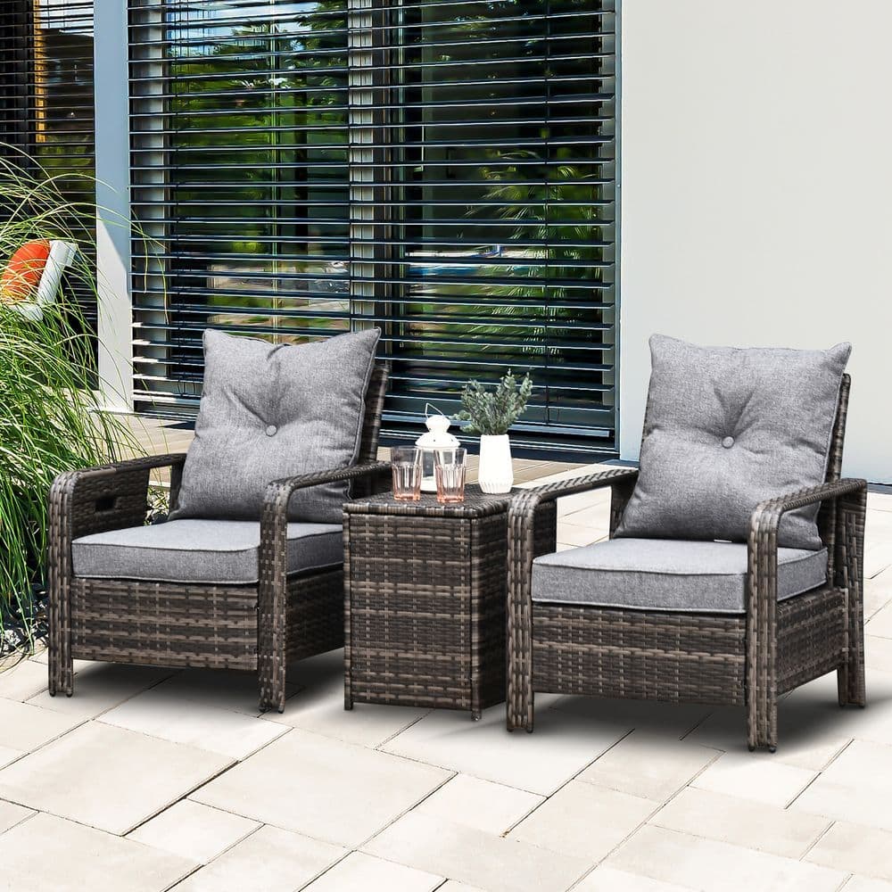 image-3 Piece PE Rattan Garden Sofa Set w/ 2 Chairs & Storage Table Grey Outsunny