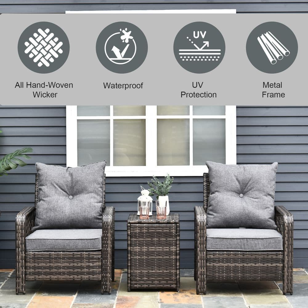 image-3 Piece PE Rattan Garden Sofa Set w/ 2 Chairs & Storage Table Grey Outsunny