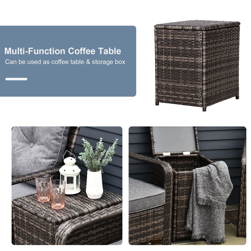 image-3 Piece PE Rattan Garden Sofa Set w/ 2 Chairs & Storage Table Grey Outsunny