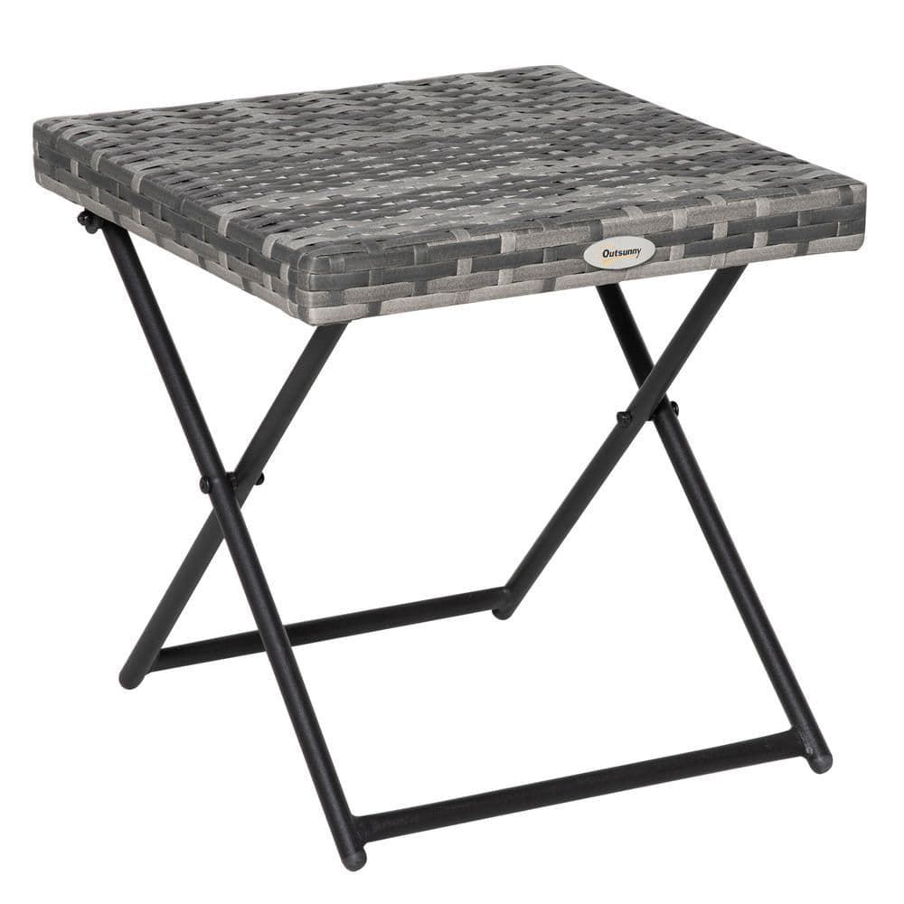 image-Folding Square Rattan Coffee Table Bistro Balcony Garden Steel Outsunny