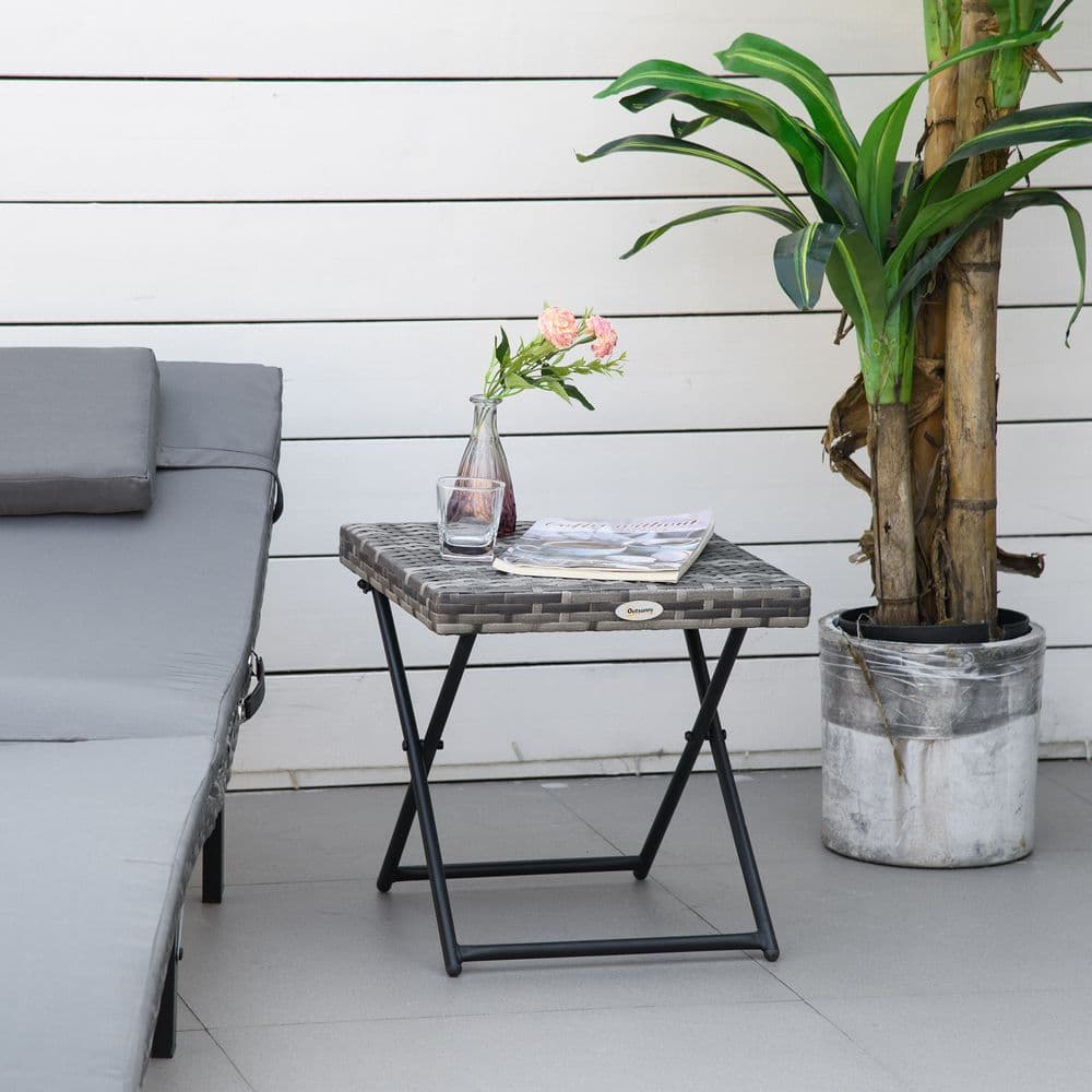 image-Folding Square Rattan Coffee Table Bistro Balcony Garden Steel Outsunny