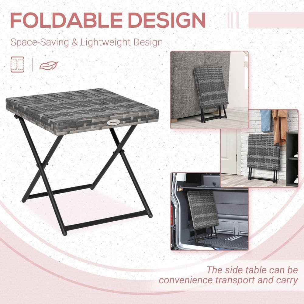 image-Folding Square Rattan Coffee Table Bistro Balcony Garden Steel Outsunny