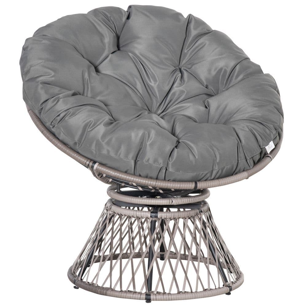 image-360� Swivel Rattan Papasan Moon Bowl Chair Round Outdoor Padded-Grey Outsunny