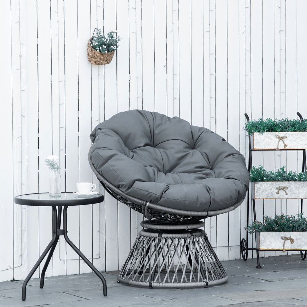 image-360� Swivel Rattan Papasan Moon Bowl Chair Round Outdoor Padded-Grey Outsunny